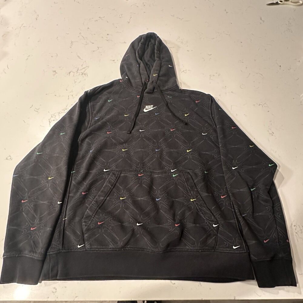 Nike Air Hoodie Mens L Black Drawstring Sportswear Pullover Swoosh Logo Printed